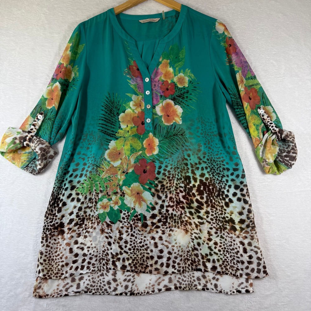 Soft Surroundings Teal Floral Leopard Print Roll Tab Sleeve Tunic Blouse Top M